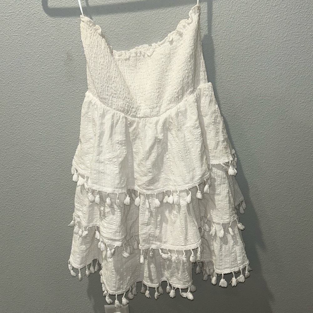 Strapless white tassel dress